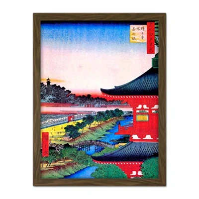 Image of Wee Blue Coo Hiroshige Japanese View Pagoda Red Artwork Framed Wall Art Print 18X24 Inch