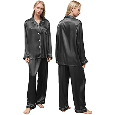 Image of Ladieshow Women Pajamas Satin Ladies Pj Set Long Sleeve Sleepwear Two Piece Black