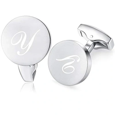Image of Honey Bear Initial Alphabet Letter Cufflinks for Men, Silver Round Shape Stainless Steel Wedding Business Gifts A Z (T)