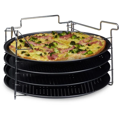 Image of Relaxdays Set of 4 Pizza Trays, Size: 20 x 32 cm Baking with Pans and a Stand Round w/ Anti Stick Coating, Grey