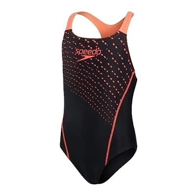 Image of Speedo Girl&#039;s Medley Logo Medalist Swimsuit, Black/Siren Red, 8 Years