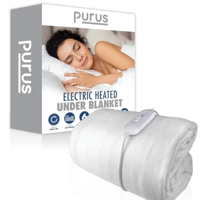 Image of Purus Single Electric Blanket 193 x 91cm, Soft Polyester Fitted Underblanket Mattress Cover, 3x Heat Settings, 1x Controller and Machine Washable Heated