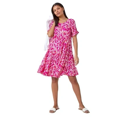 Image of Roman Originals Smock Dress for Women UK Ladies Swing A Line Tiered Pocket Slouch Summer Spring Everyday Evening Work Holiday Short Sleeve Smart Casual Beach Lightweight Pink Size 20
