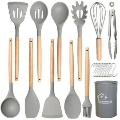 Image of UXIYI Silicone Kitchen Utensils Set, 13Pcs Cooking Accessories for Nonstick Utensil Tools &amp; Gadgets,Light Grey