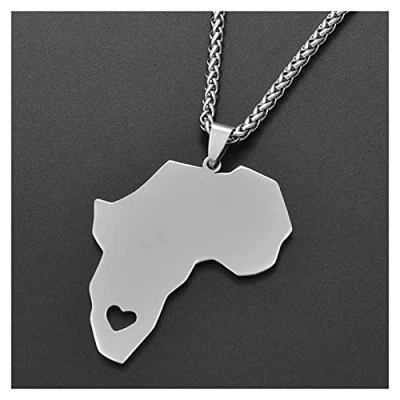 Image of LIUZIXI Africa Map Pendants Necklaces Country Maps Heart African Pendant Friendship For Women Men Ethnic Patriotic Jewelry, Silver