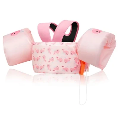 Image of MoKo Swim Arm Bands for Kids 20 50 lbs, Adjustable Toddler Vest with Safety Whistle, D Ring Buckle &amp; Cute Cartoon Design, Pool Floats Boys Girls, Pink Whale