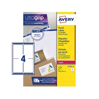 Image of Avery Printable, Customisable Address Mailing Labels, Laser Printers, 4 Labels Per A4 Sheet, 40 UltraGrip (L7169), White, 139 x 99.1mm