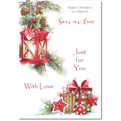 Image of doodlecards Son in Law Christmas Card Lamp and Parcels Medium Size for with Plain Envelope