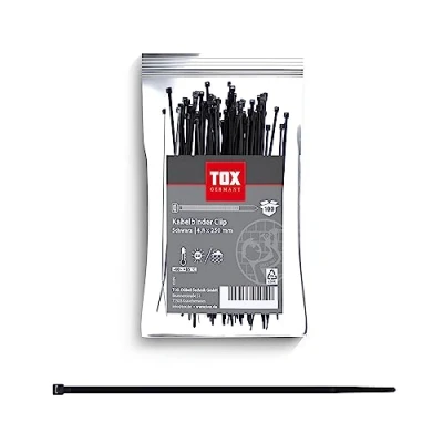 Image of TOX Cable tie Clip, Black, UV Resistant, for Universal use Indoors and Outdoors, Secure Fastening in The Home, Office Garden, Size 4.8 x 250 mm, 100 Pieces, 099600027