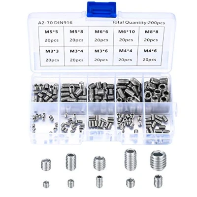 Image of 200 Pcs Grub Screws Mixed, Stainless Steel Cone Point Screws, M3 M4 M5 M6 M8 Hex Head Thread Socket Screw Assortment Kits with a Storage Box