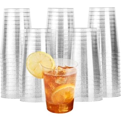 Image of MATANA 60 Clear Hard Plastic Cups, Tumblers with Silver Glitter (285ml / 10oz) Sturdy &amp; Reusable Birthdays, Weddings, Anniversary, Christmas, BBQ, Picnic, Parties