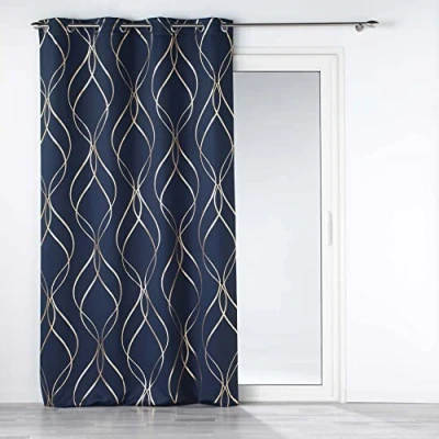 Image of Douceur d&#039;Intérieur Elise 135 x 240 cm Navy Blue Gold Opaque Metallic Print Eyelet Curtain