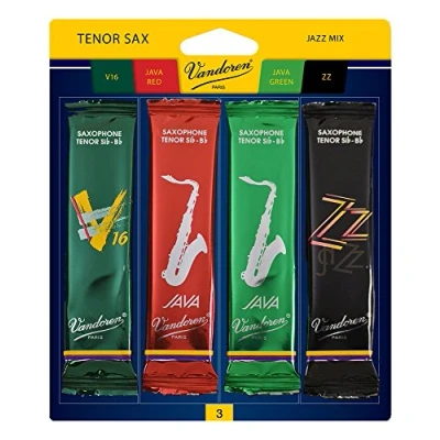 Image of Vandoren SRMIXT3 Tenor Sax Jazz Reed Mix Card includes 1 each ZZ, V16, JAVA and Red Strength 3