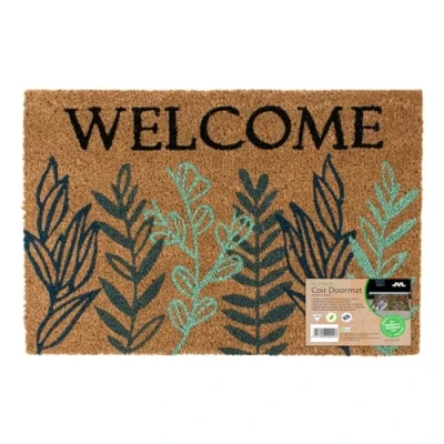 Image of JVL Eco Friendly Latex Backed Coir Entrance Doormat, 40x60cm Welcome Leaves
