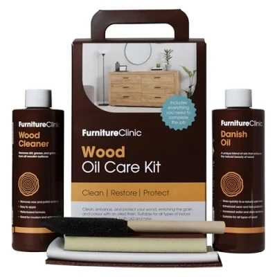 Image of Wood Oil Kit for Oiling &amp; Restoring All Indoor Outdoor Wooden Surfaces Such as Furniture, Worktops Doors. Contains 250ml Danish Oil, Cleaner, Brush, and Cloth.