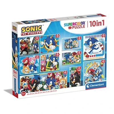 Image of Clementoni 80508 Sonic Supercolor 10 in 1 Different Images (3 18 30, 2 with 48 One 60 Tiles), Multicolour, Children Puzzle Age 4