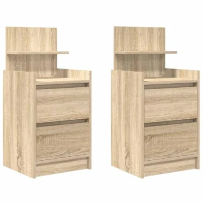 Image of vidaXL Nightstands Sonoma Oak 2 Drawer Bedside Cabinets Engineered Wood Bedroom Side Tables 38x34x80 cm