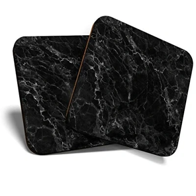 Image of 2 x Square Coasters Black Marble Effect Art Rock Cork Backed Home Kitchen Accessory Tea Coffee Mug Mat #44319