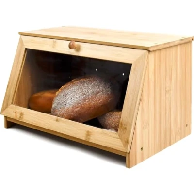 Image of Maison Des Cadeaux Natural Bamboo Wood Bread Bin Kitchen Counter Top Storage Box Acrylic Front Window Lid