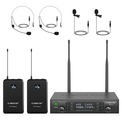Image of Phenyx Pro Dual Wireless Microphone System w/ 2x100 UHF Frequencies, Auto Scan Cordless Mic Set, 2 Bodypacks &amp; Headsets/Lapel Microphones for Speaking, Singing, Church, DJ (PTU 71 2B)