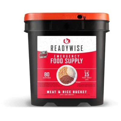 Image of ReadyWise, 80 Servings, Meat &amp; Rice Bucket, Roasted Beef Chicken, Grab Go Food Kit, Freeze Dried, 15 Years Shelf Life, Emergency