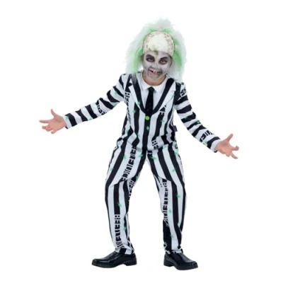 Image of Smiffys Beetlejuice Child Costume with Jacket Mock Shirt Tie and Trousers Officially Licensed Warner Brothers Halloween Fancy Dress Classic Stripes, Age 1 2