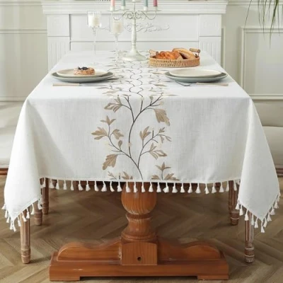 Image of Pahajim Tablecloths Rectangular Cotton Linen Tablecloth Dust Proof Waterproof with Tassel for Kitchen, Outdoor Dinning Table(55 x 118 Inch)