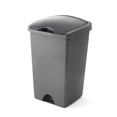 Image of Addis 50ltr Lift Up Flat top Kitchen Waste Trash Complete Bin, Metallic Silver &amp; Dark Grey