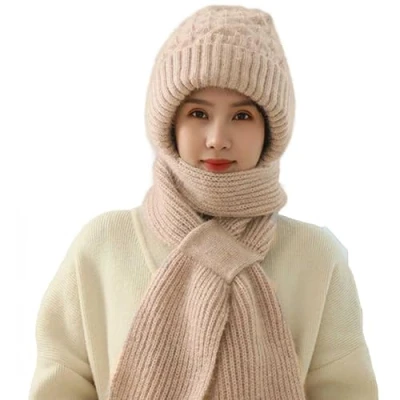 Image of Integrated Ear Protection Windproof Cap Scarf, Winter Warm Knitted Hat Thickening Beanie Scarf