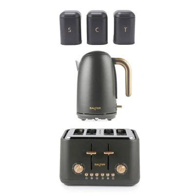 Image of Salter Pebble Kettle, Toaster &amp; Countertop Set 1.7L Fast Boil Electric Water 4 Slice with 6 Browning Levels, Tea, Coffee, Sugar Canisters, Powder Coated Carbon Steel, Charcoal