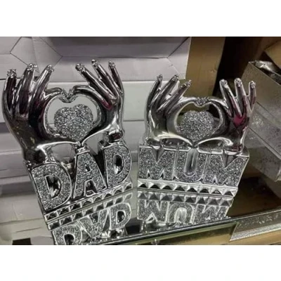 Image of Biznest Mom &amp; Dad Heart Hand Silver Crushed Diamond Crystal Ornament Home Decor Gift (MOM DAD)