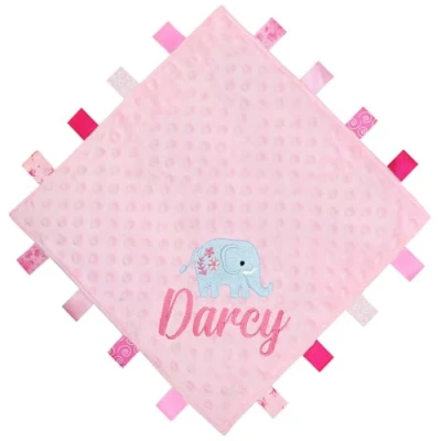 Image of TeddyT&#039;s Personalised Baby Boho Elephant Ribbon Taggy Blanket Comforter