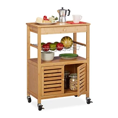 Image of Relaxdays Bamboo Kitchen Trolley, Worktop, Cabinet &amp; Basket, Serving Cart on Castors, HWD: 82 x 59.5 35 cm, Natural