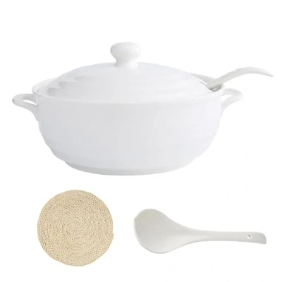 Image of SIULAS 1200ML Ceramic Tureen Soup Double Handle Lid Pure White Round Dish Casserole/Clay Pot/Earthen Pot/Ceramic Cookware with Heat Resistant