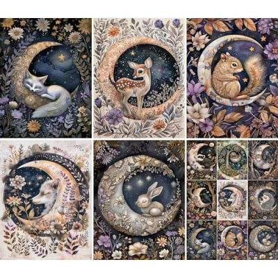 Image of Moon Animals Rice Paper, 8 x 10.5 inch for Decoupage Furniture Print Crafts
