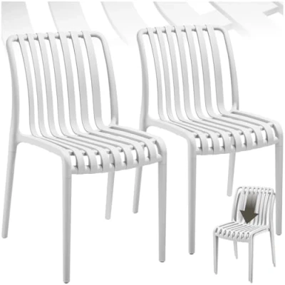 Image of TecTake® Set of 2 Garden Chairs in Light, Airy Design, Outdoor Weather Resistant Plastic with Slatted, Curved Seat, Stackable Chair for Backyard, Patio, Balcony White