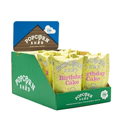 Image of Popcorn Shed Birthday Cake Gourmet Snack Pack, 384g, Pack of 16, Caramel with White Chocolate &amp; Sprinkles, Natural Vegetarian Lunch Box Movie Night Snacks Yellow