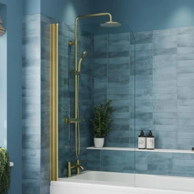 Image of LUXURA® Brushed Brass Curved Over Bath Shower Screen Door 6mm Clear Toughened Safety Glass Panel Bathroom Hinged Screens 1430 x 800mm