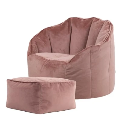 Image of icon Sirena Bean Bag Chair and Footstool, Dusk Pink, Velvet Accent Chair, Adult Seat Pouffe with Filling Included, Large Bag, Living Room Furniture