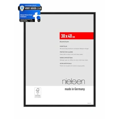 Image of nielsen Atlanta Photo Frame 30x40cm Aluminium Picture Frame, Black with Protective Acrylic Glazing and Push Turn Clips Frosted