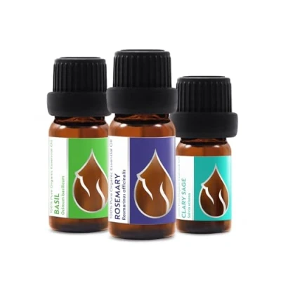 Image of Set Hair Repair Organic Essential Oils Basil (10ml) + Rosemary Clary Sage (5ml) 100% Pure and Natural Undiluted Therapeutic Grade Family Owned Farm Non GMO