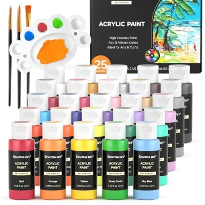 Image of Shuttle Art Acrylic Paint Set, 25 Colours Paints, 2oz/60ml Bottles, Rich Pigmented, Waterproof, Premium Paints for Artists, Beginners and Kids on Canvas Rocks Wood Ceramic Fabric