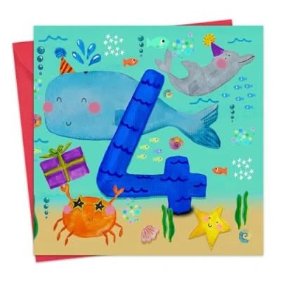 Image of Twizler 4th Birthday Card for Boys Sea Animals Age 4 Happy Fourth Boy Son Year Old Childrens Grandson Four