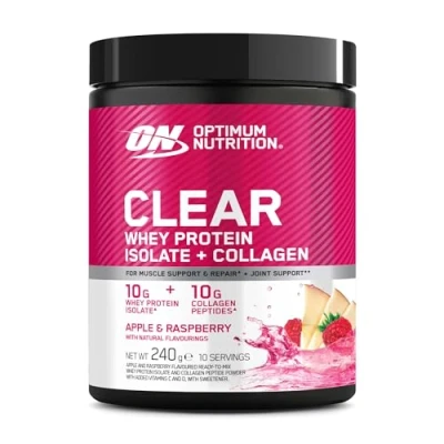 Image of Optimum Nutrition Apple and Raspberry Flavoured Ready to Mix Whey Protein Isolate Collagen Peptide Powder with Added Vitamins C D, Sweetener, 10 Servings, 240g