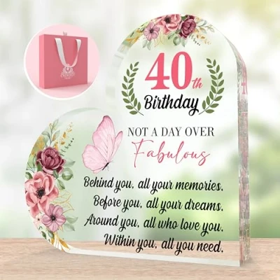 Image of CROWNLY CRYSTAL® Happy 40th Birthday Decoration Heart Shaped Acrylic Plaque Gifts for Women Personalised Mum Customised Gift Ideas