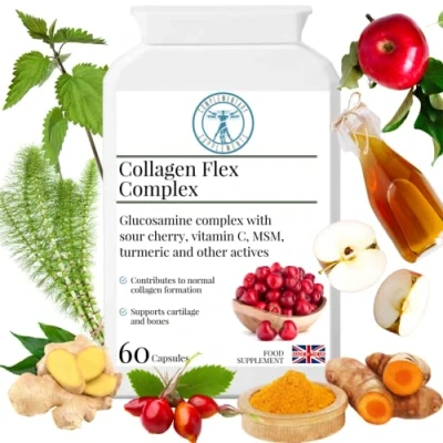 Image of Complementary Supplements Collagen Flex Complex Joint, Bone &amp; Cartilage Support Vegan (Shellfish Free) Glucosamine Hydrochloride HCL, MSM, Turmeric, Apple Cider Vinegar 60 Capsules