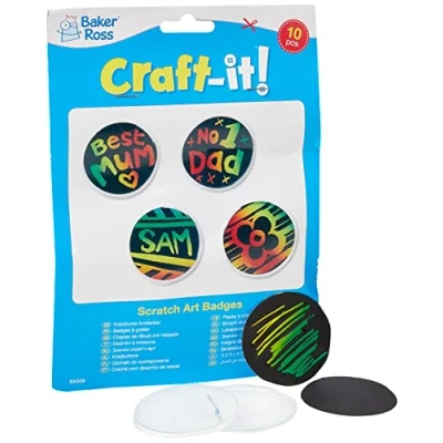 Image of Baker Ross EK529 Scratch Art Badges, Perfect for Children to Design and Decorate, Ideal Home Activities, Craft Group Tasks School Work (Pack of 10)