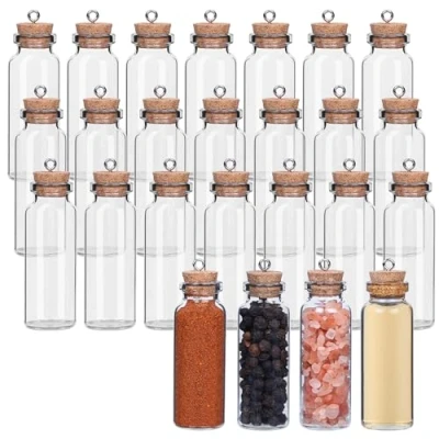 Image of Belle Vous 25 Pack of 15ml Glass Favour Jars with Cork Lids &amp; Eyelet Hooks Mini Mason Airtight Storage Bottle Set for Wedding Favours, Party, Kitchen Spices and Jam