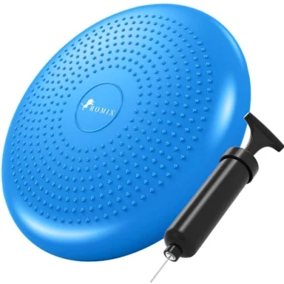 Image of ROMIX Wobble Cushion, 34CM Inflatable Air Stability Cushion Balance Board with Pump, Non slip Disc Sitting Posture Trainer Wiggle Seat for Home Office Chair, Kids ADHD Physio Therapy Blue
