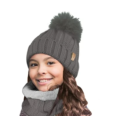 Image of TOSKATOK Kids Girls Winter Rib Seed Stitch Thermal Warm Cosy Fleece Lined Neck Warmer Snood Scarf with Hat SET GREY